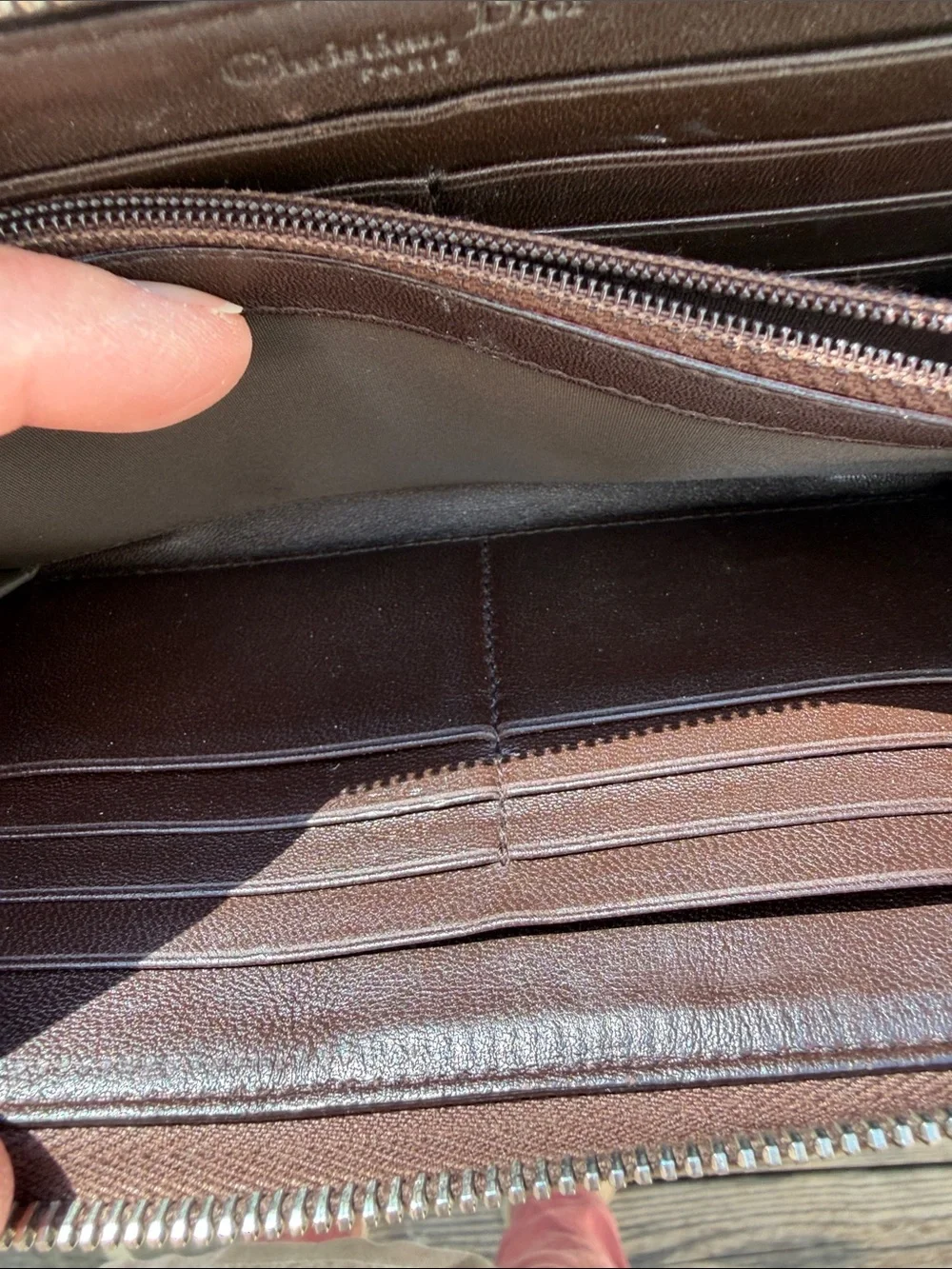 Dior  Authentic Dark Brown Embossed Leather zip -Around Wallet